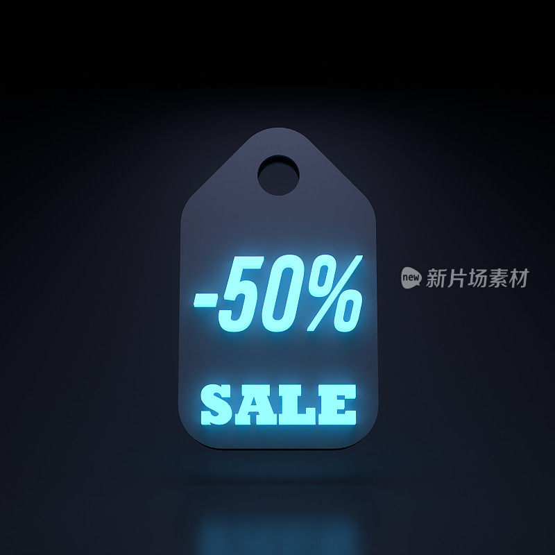 销售减去百分之五十的图标与霓虹灯元素。3 d渲染插图。